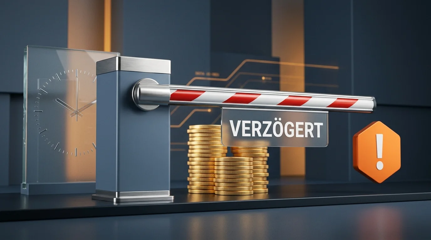 Münzstapel hinter einer halb geschlossenen Schranke mit Uhr- und Warnsymbol als Bild für Auszahlungsrisiken