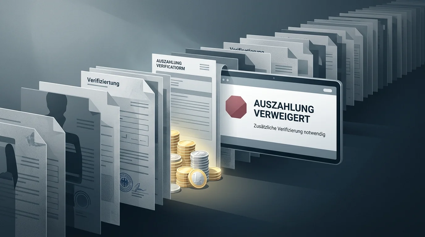 Stilisierte Darstellung einer verweigerten Auszahlung durch immer neue nachgeschobene Verifizierungsanforderungen