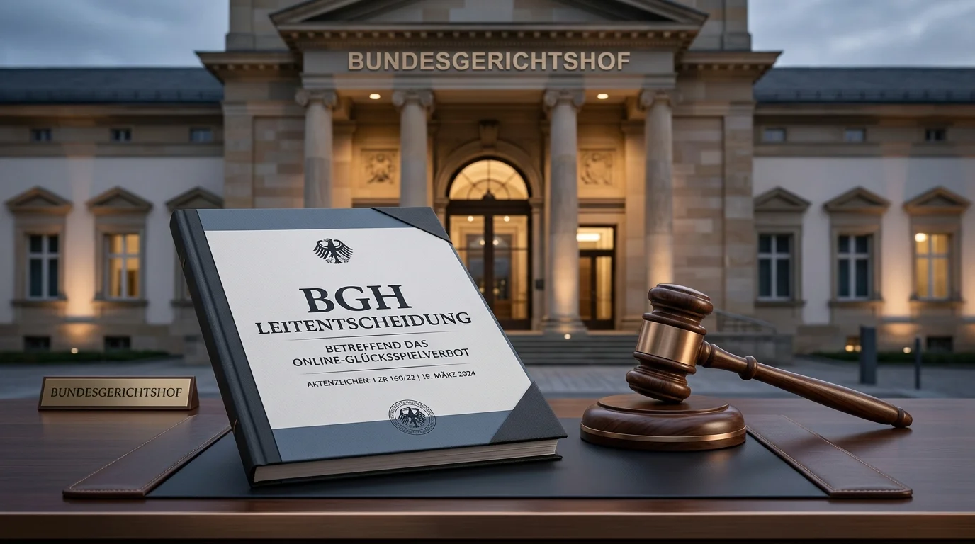 Symbolische Darstellung eines höchstrichterlichen Leitentscheidungsverfahrens zum Online-Glücksspiel mit Gerichtsgebäude und Aktensymbolik
