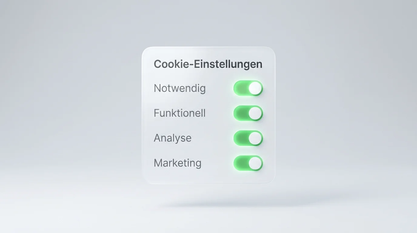 Symbolische Darstellung von Cookie-Einstellungen mit Schaltern für notwendige, funktionale, analytische und Marketing-Cookies auf einem Bildschirm