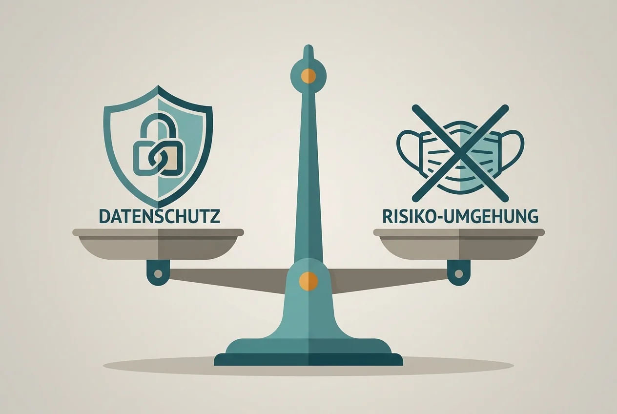 Waage zwischen Datenschutz-Symbol und durchgestrichener Maske als Bild für seriöse Einordnung von Anonymität