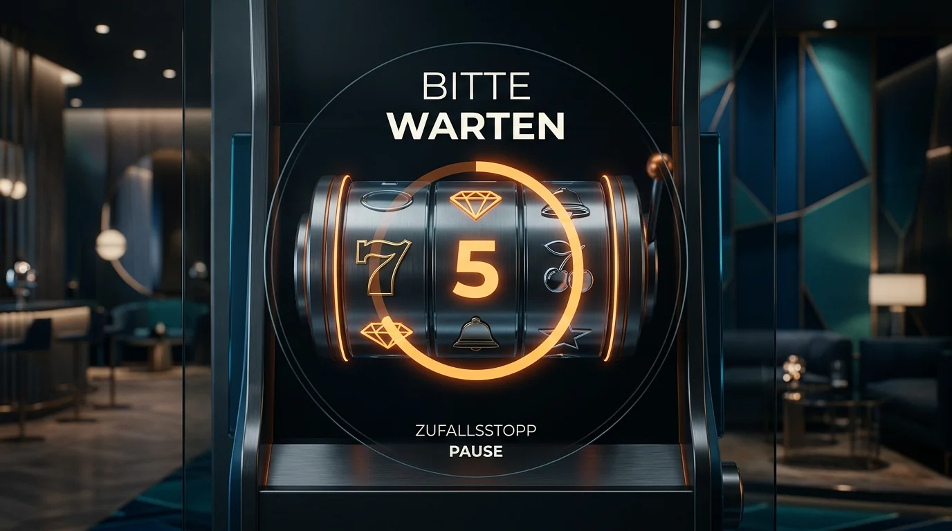 Stilisierte Spielrunde mit einer Mindestdauer-Anzeige, die das langsame Spieltempo virtueller Automatenspiele veranschaulicht