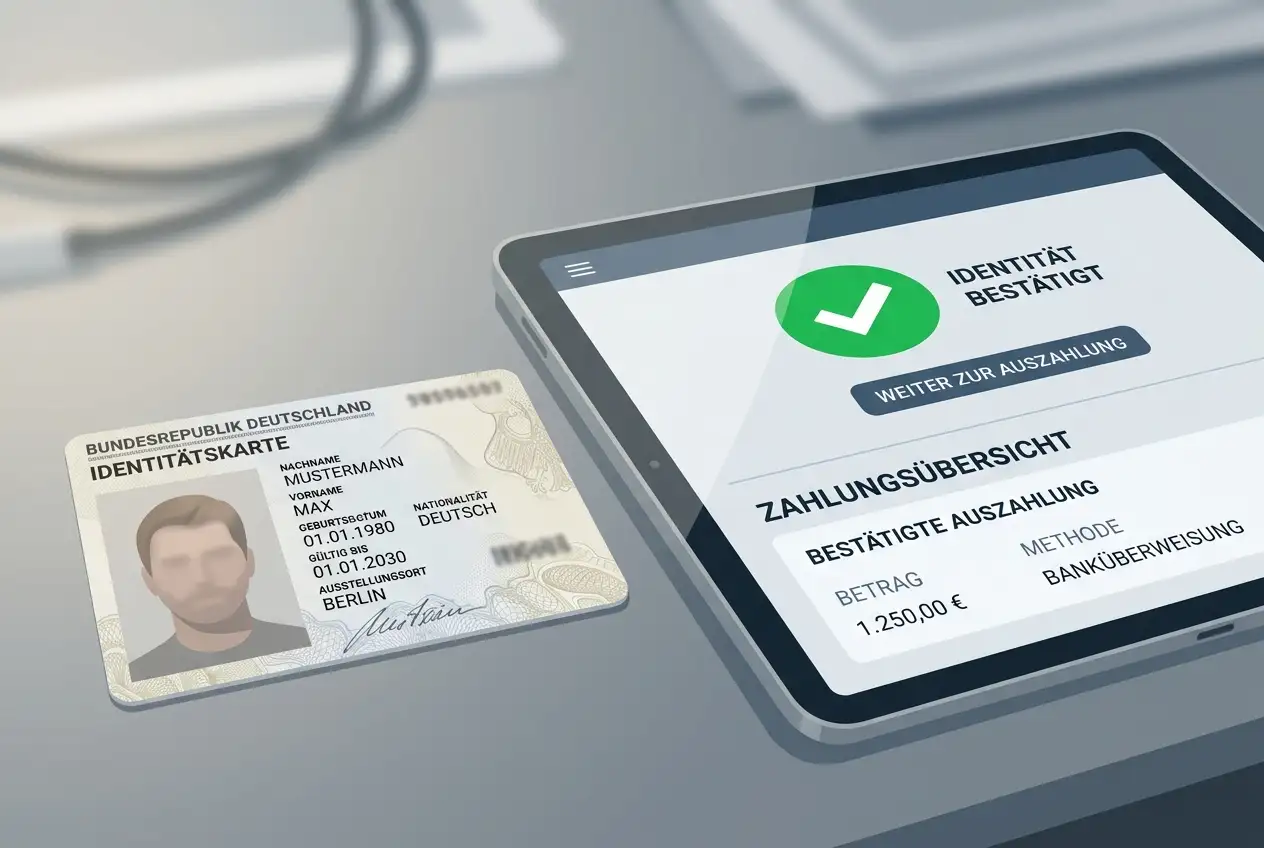 Ausweisdokument und Häkchen-Symbol als Darstellung der Identitätsprüfung bei der Auszahlung