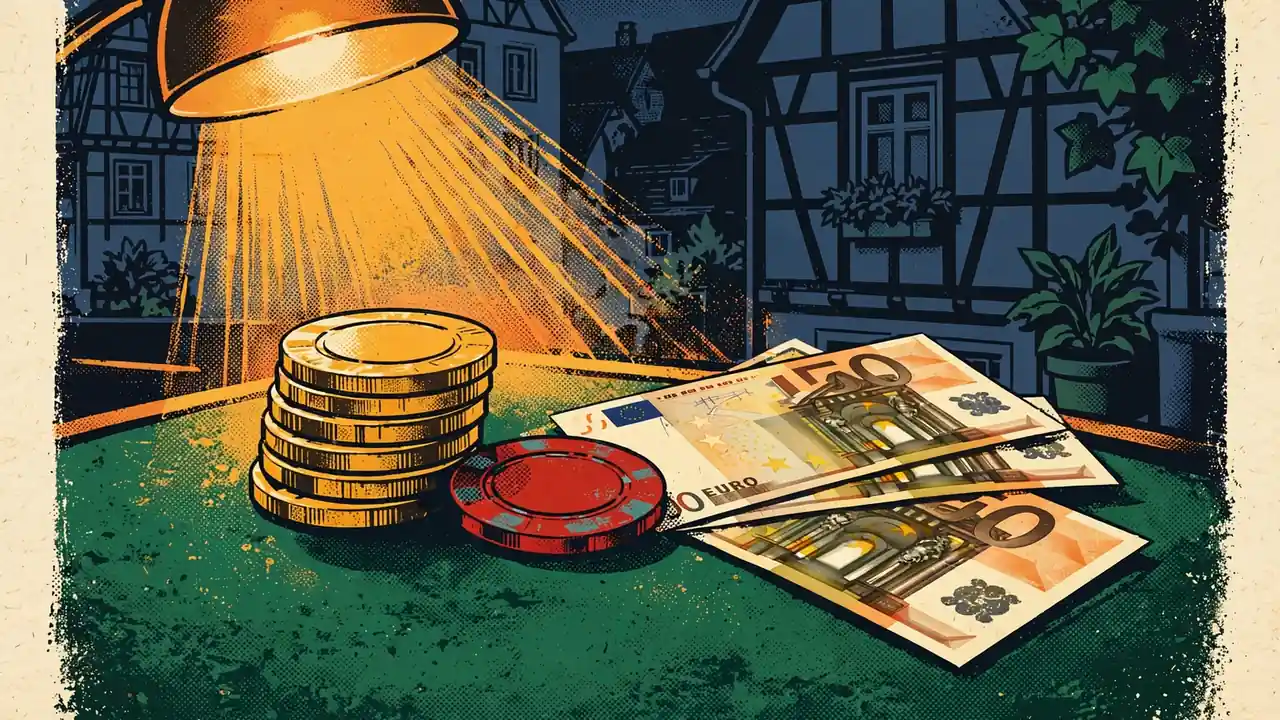 Stapel goldener Casino-Chips mit Euro-Banknoten auf grünem Filz