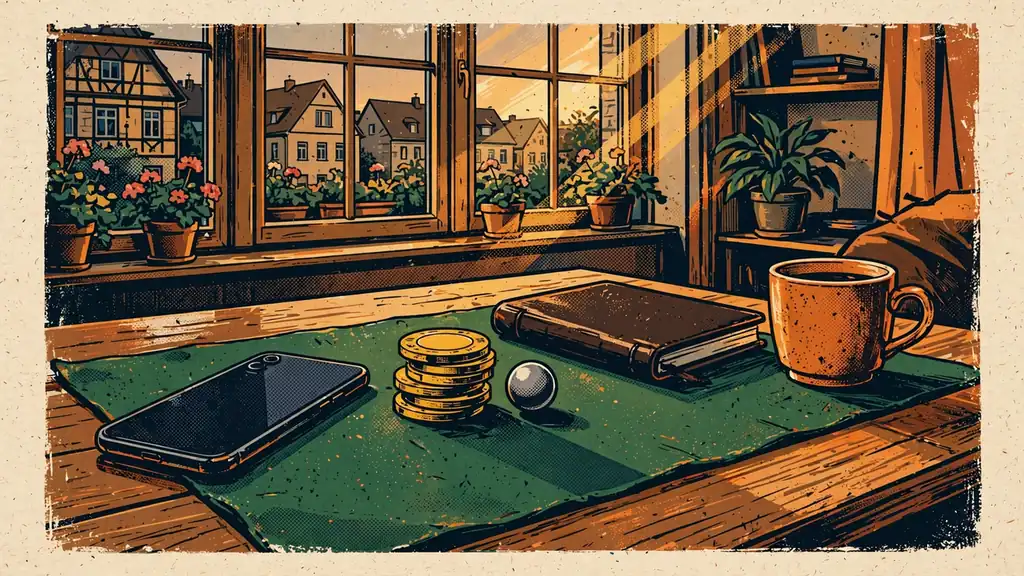 Casino-Chips, Roulettekugel und Notizbuch auf einem Tisch in einer deutschen Wohnung.