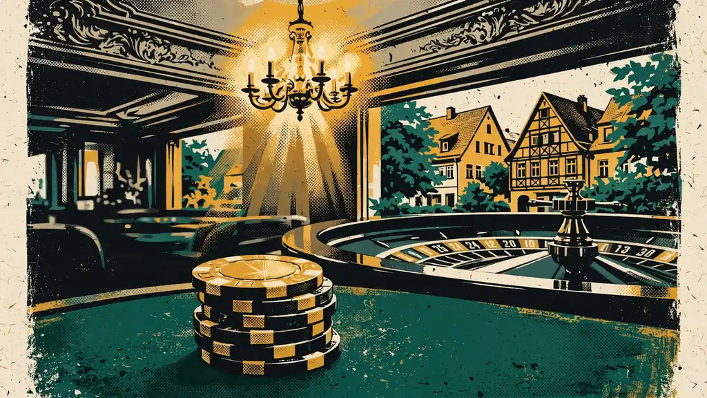 Stapel Casino-Chips mit goldenem Fünfzig-Euro-Chip auf grünem Filztisch in elegantem Ambiente