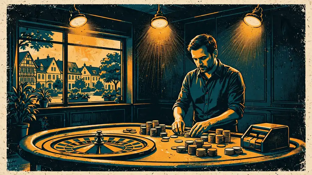 Erfahrener Croupier hinter einem Live-Casino-Spieltisch mit Roulette und Karten
