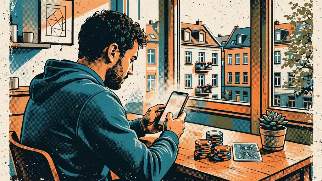 Spieler mit Smartphone neben Casino-Chips und Karte auf Schreibtisch