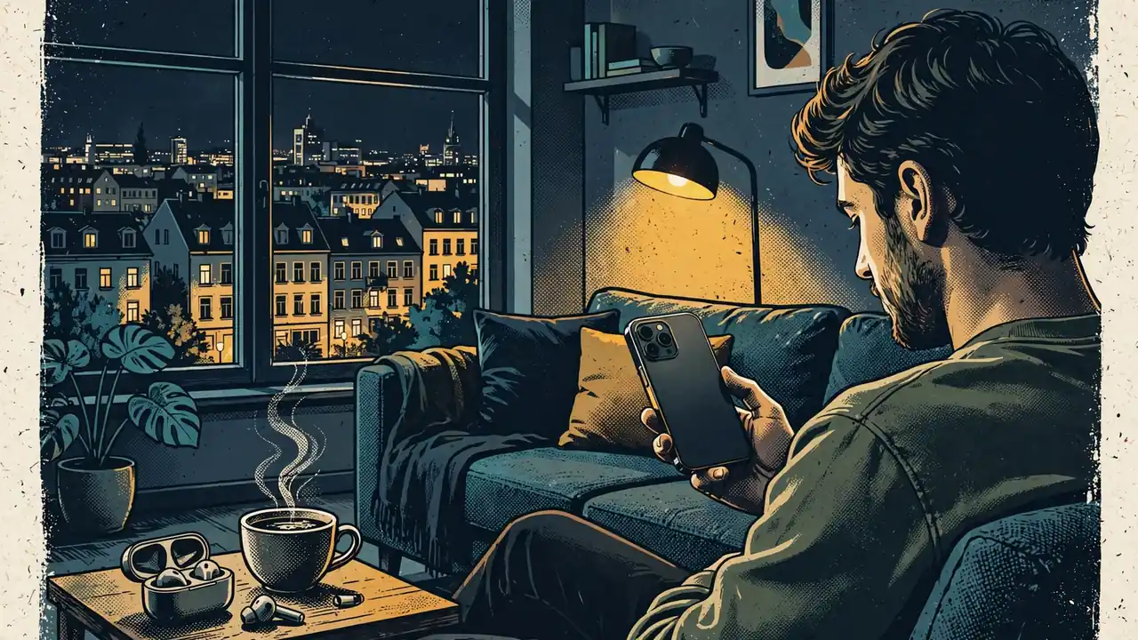 Entspannter Abend in einem deutschen Wohnzimmer mit Smartphone und Getränk