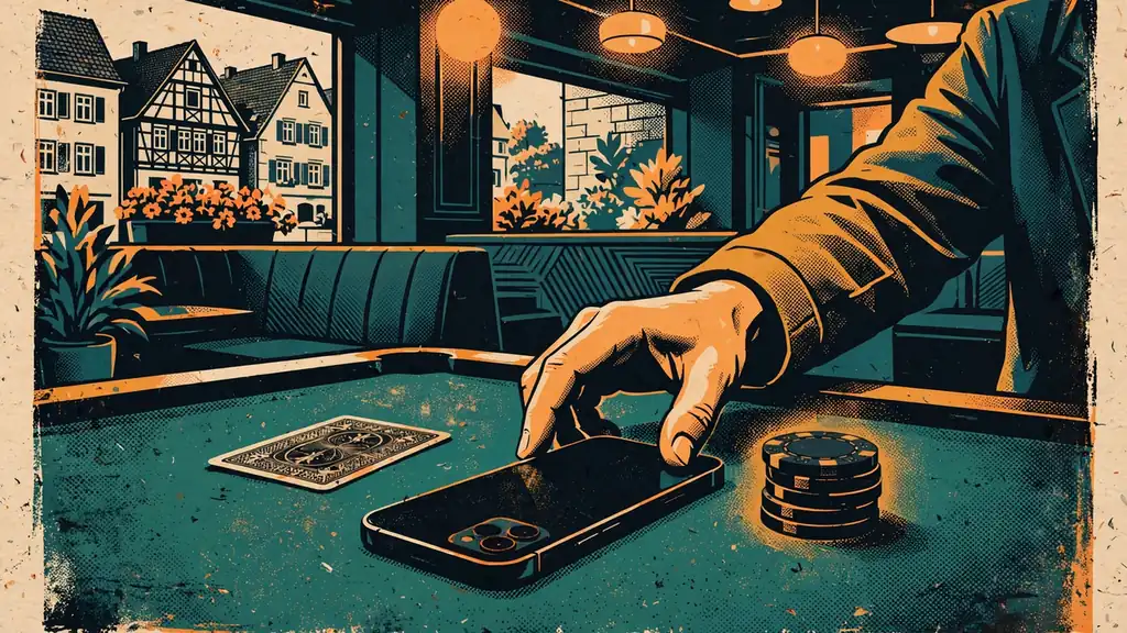 Smartphone neben Casino-Chips auf grünem Filztisch in einer Spielhalle