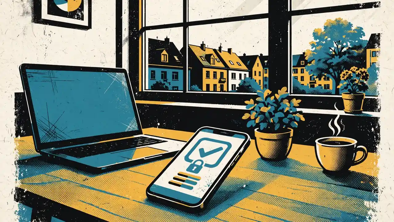 Moderner deutscher Arbeitsplatz mit Laptop und Smartphone für Online-Zahlungen