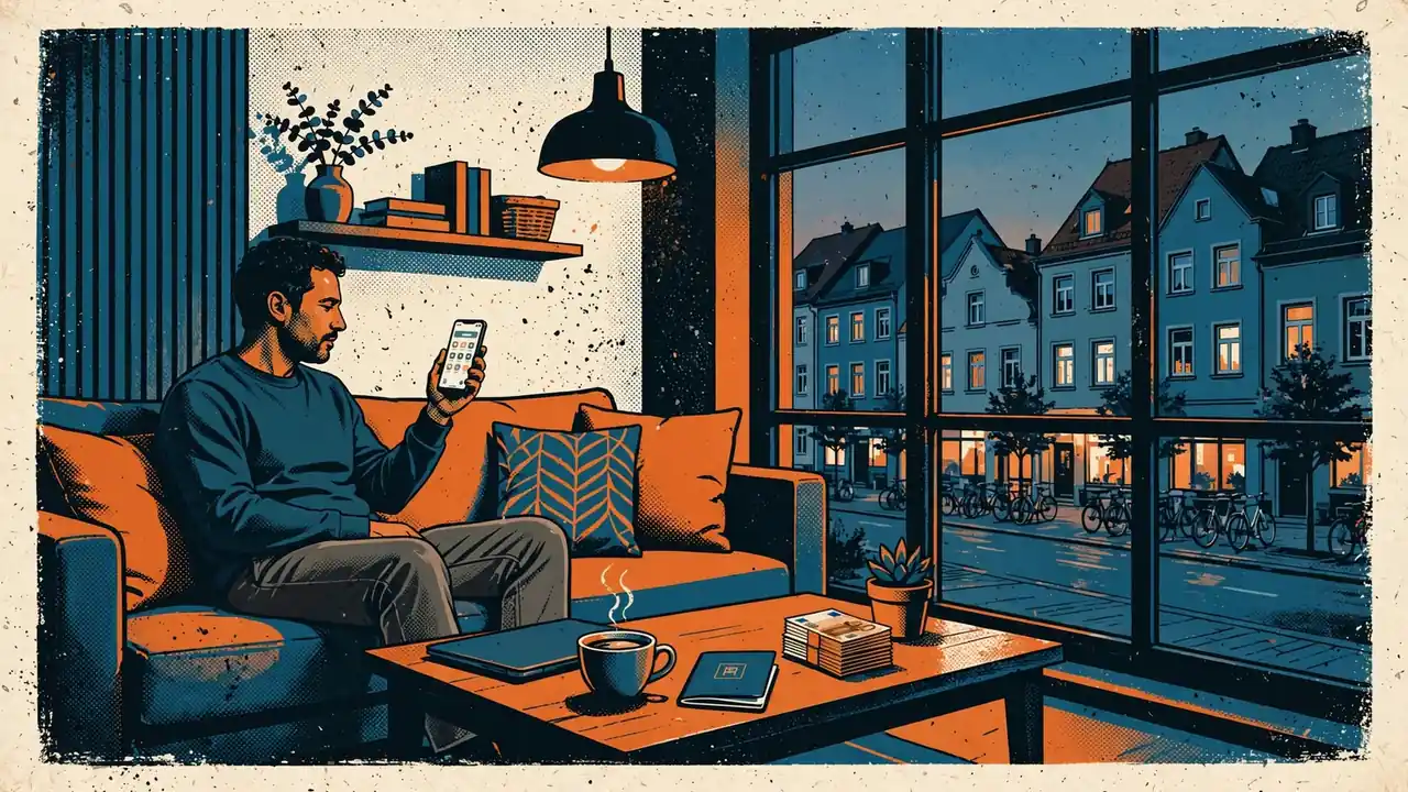 Person im deutschen Wohnzimmer mit Smartphone, Laptop und Euro-Banknoten auf dem Tisch.
