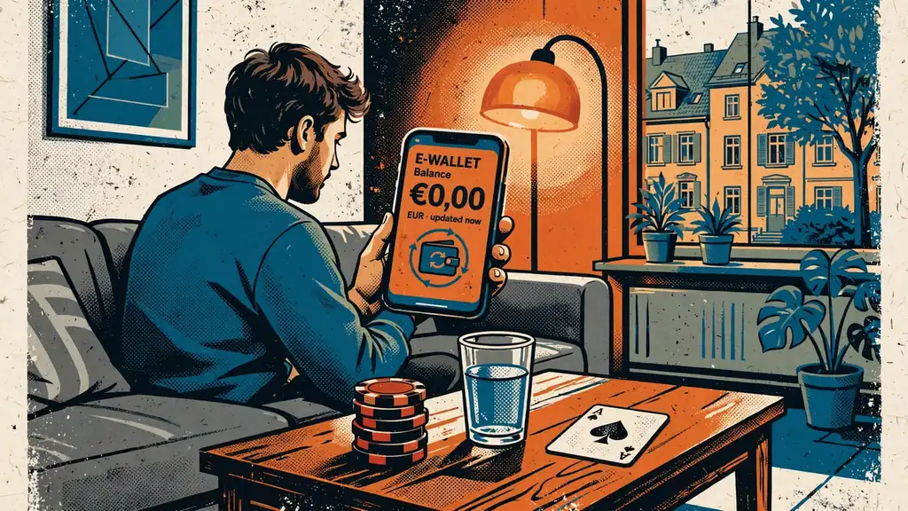 Mann auf Sofa mit Smartphone, Casino-Chips und Spielkarte auf dem Couchtisch
