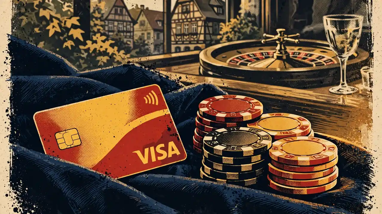 Visa-Kreditkarte neben Casino-Spielchips vor Roulette-Hintergrund