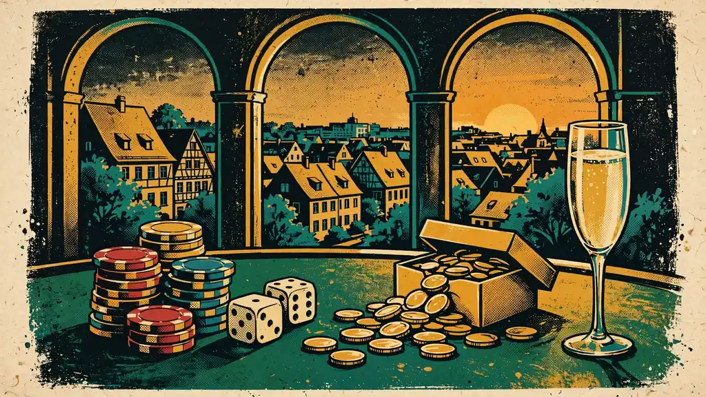 Casino-Tisch mit Spielchips, Würfeln und Geschenkbox mit Goldmünzen vor deutscher Stadtkulisse bei Abenddämmerung