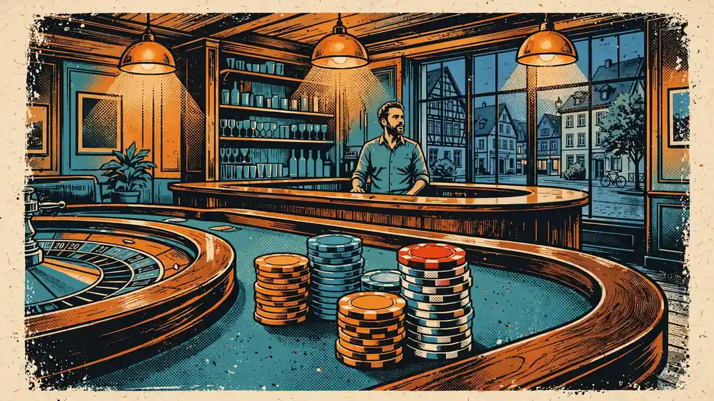 Roulette-Tisch mit Casino-Chips in einer warm beleuchteten Spielbank-Lounge in Deutschland.