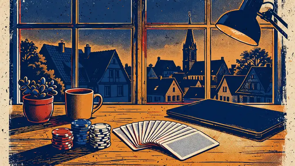 Abendlicher Schreibtisch in einer deutschen Wohnung mit Casino-Chips, Spielkarten und geschlossenem Laptop
