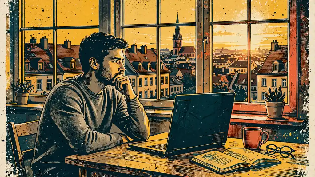 Nachdenklicher junger Mann am Laptop in moderner deutscher Wohnung bei warmem Abendlicht