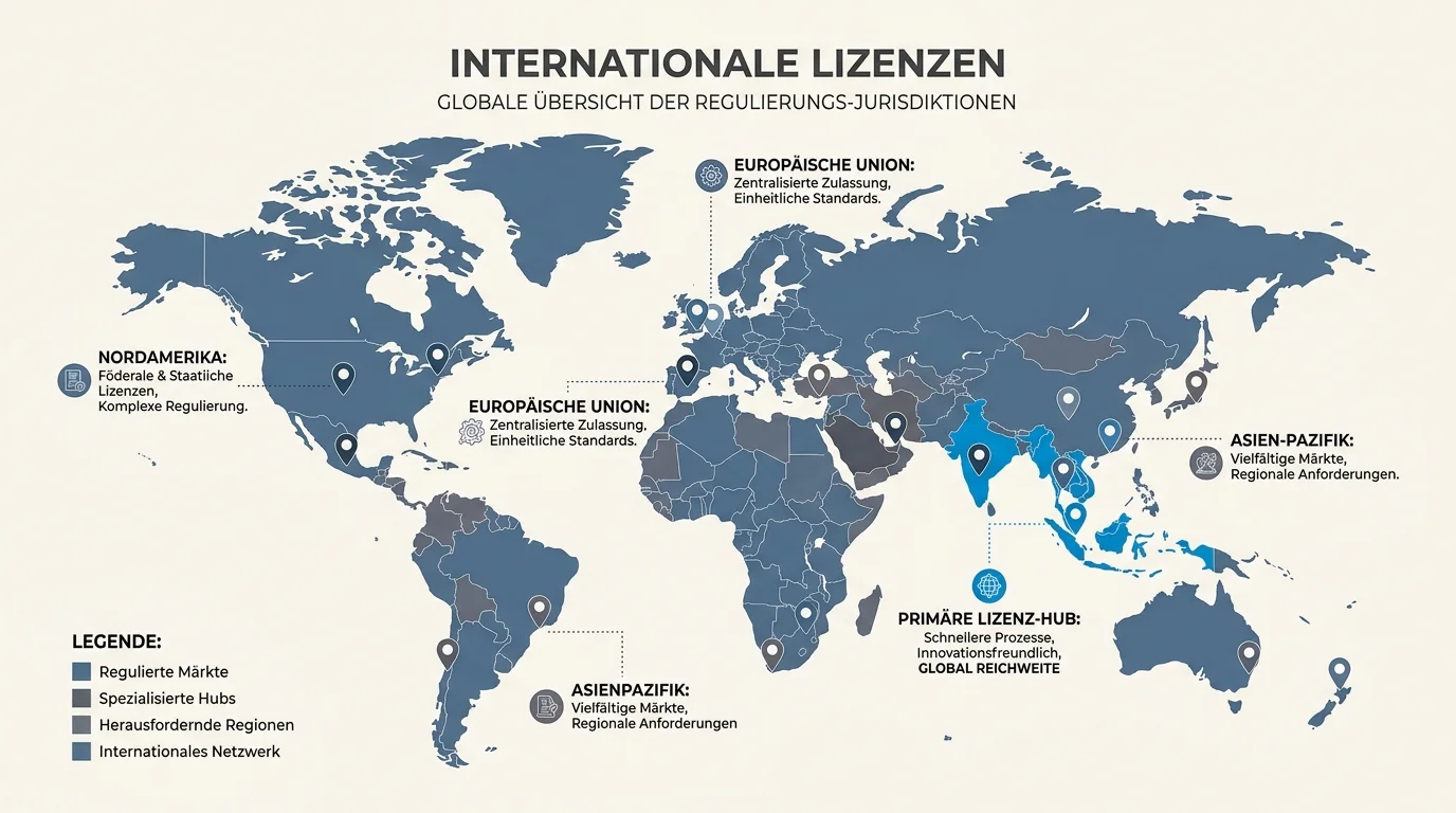 Weltkarte mit den wichtigsten Glücksspiel-Lizenz-Jurisdiktionen Malta, Curacao und Anjouan