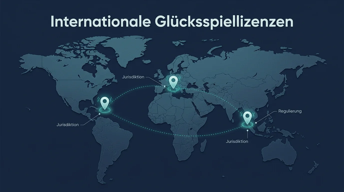 Weltkarte mit hervorgehobenen Glücksspiel-Jurisdiktionen Malta, Curaçao und Anjouan