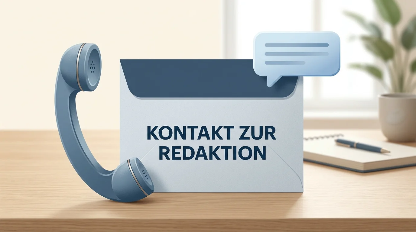 Symbolische Darstellung der Kontaktaufnahme zur Redaktion mit Briefumschlag, Nachrichtenfeld und Hörer auf neutralem Schreibtisch