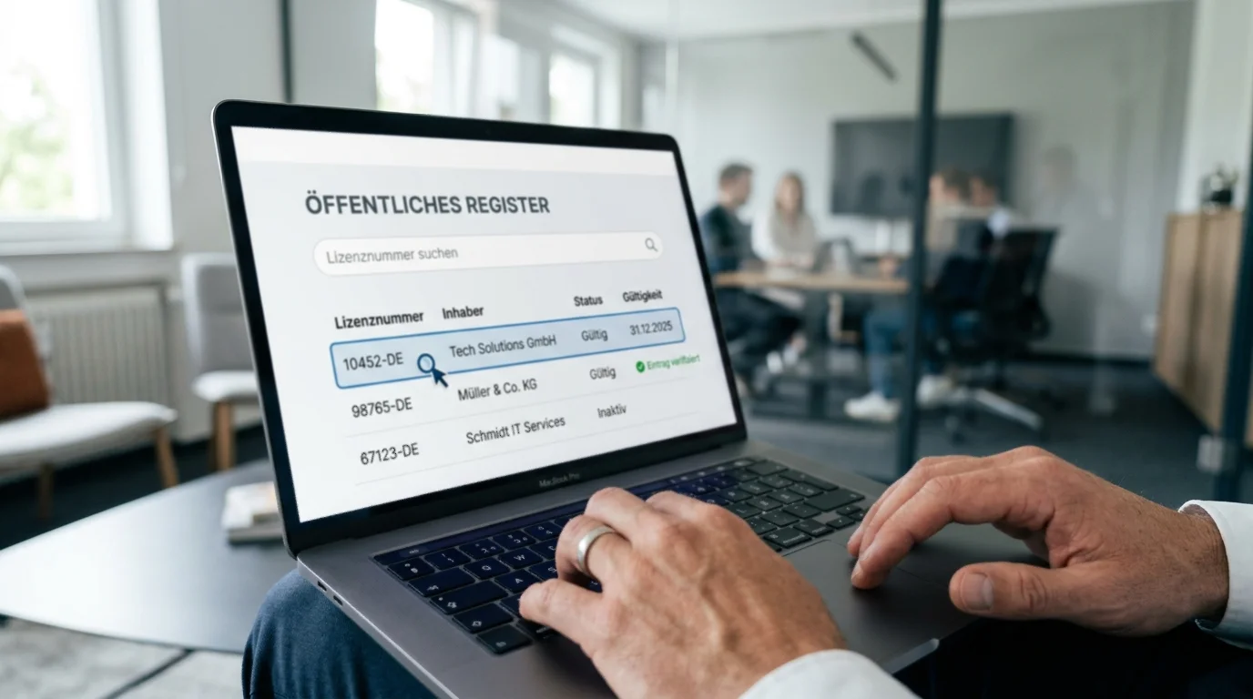 Person prüft eine Glücksspiellizenz in einem öffentlichen Online-Register am Laptop