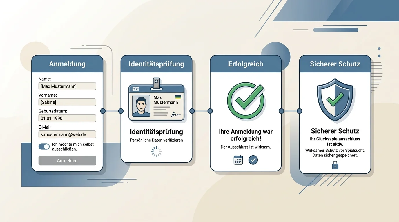 Schrittweiser Antragsprozess für die Selbstsperre mit Identifizierung und Bestätigung