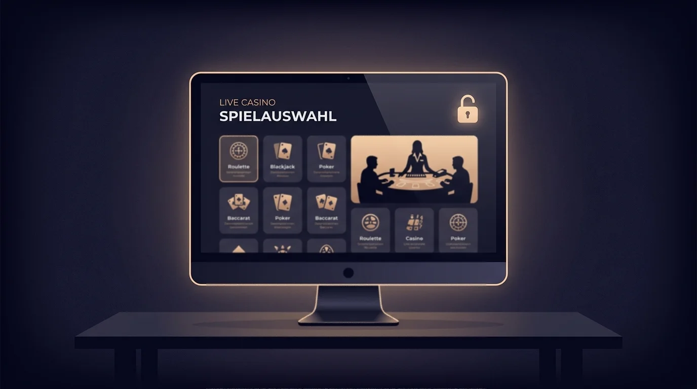Bildschirm mit umfangreichem Live-Casino-Angebot als Symbol für Anbieter ohne zentralen Spielerschutz